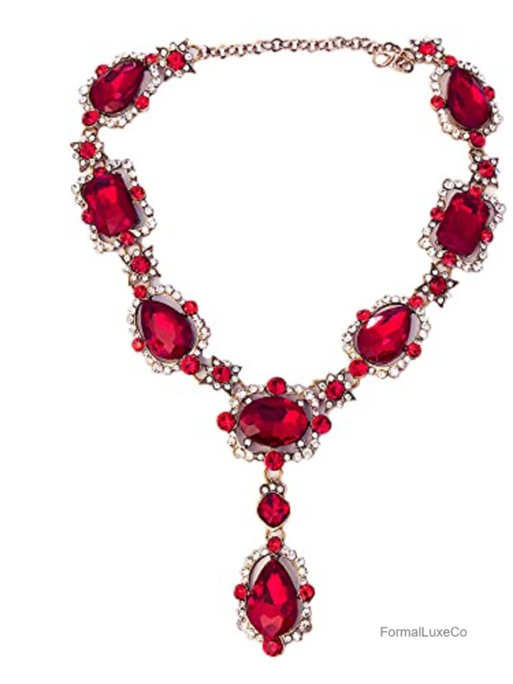 Vintage Victorian Art Deco Gold Tone Ruby Rhinestone Chunky Collar Statement
